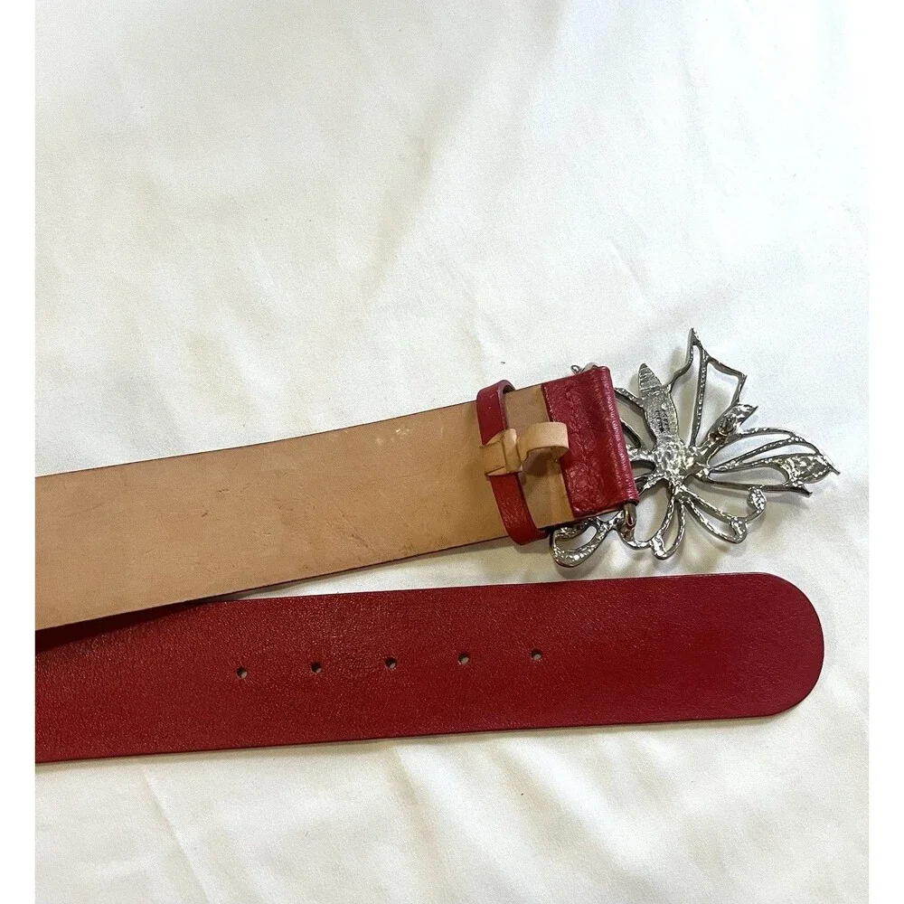 VTG Garuglieri Red Leather Belt fits 27-31” Butterfly Buckle Italy Y2K Boho West
